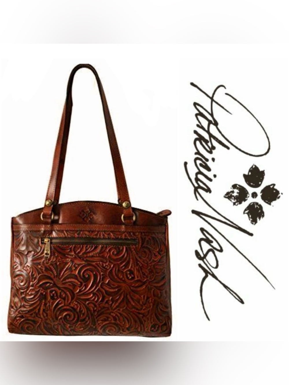 PATRICIA NASH Cognac Poppy Tote Florence Tooled Rose Leather Satchel Purse